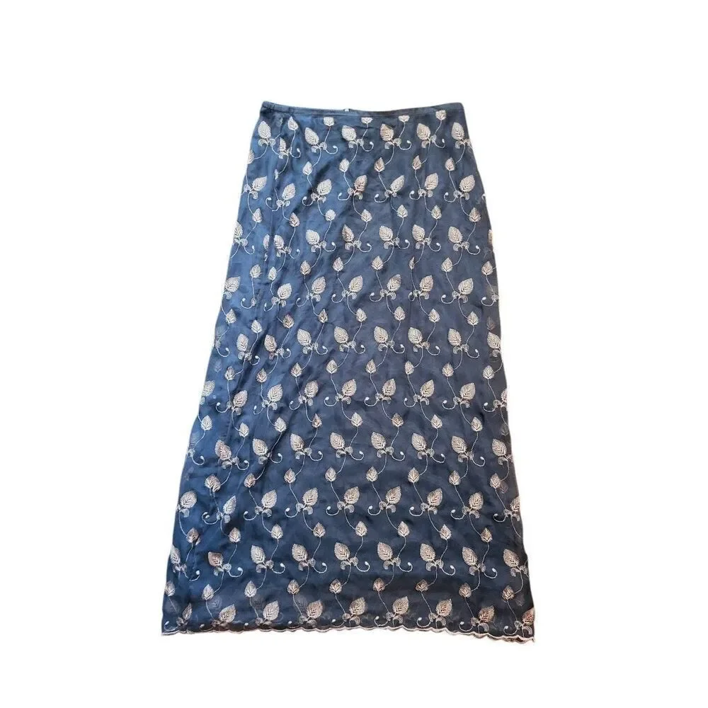 Vintage Express Skirt Women's Large Navy Blue Embroidered Leaves Fairy Witchy